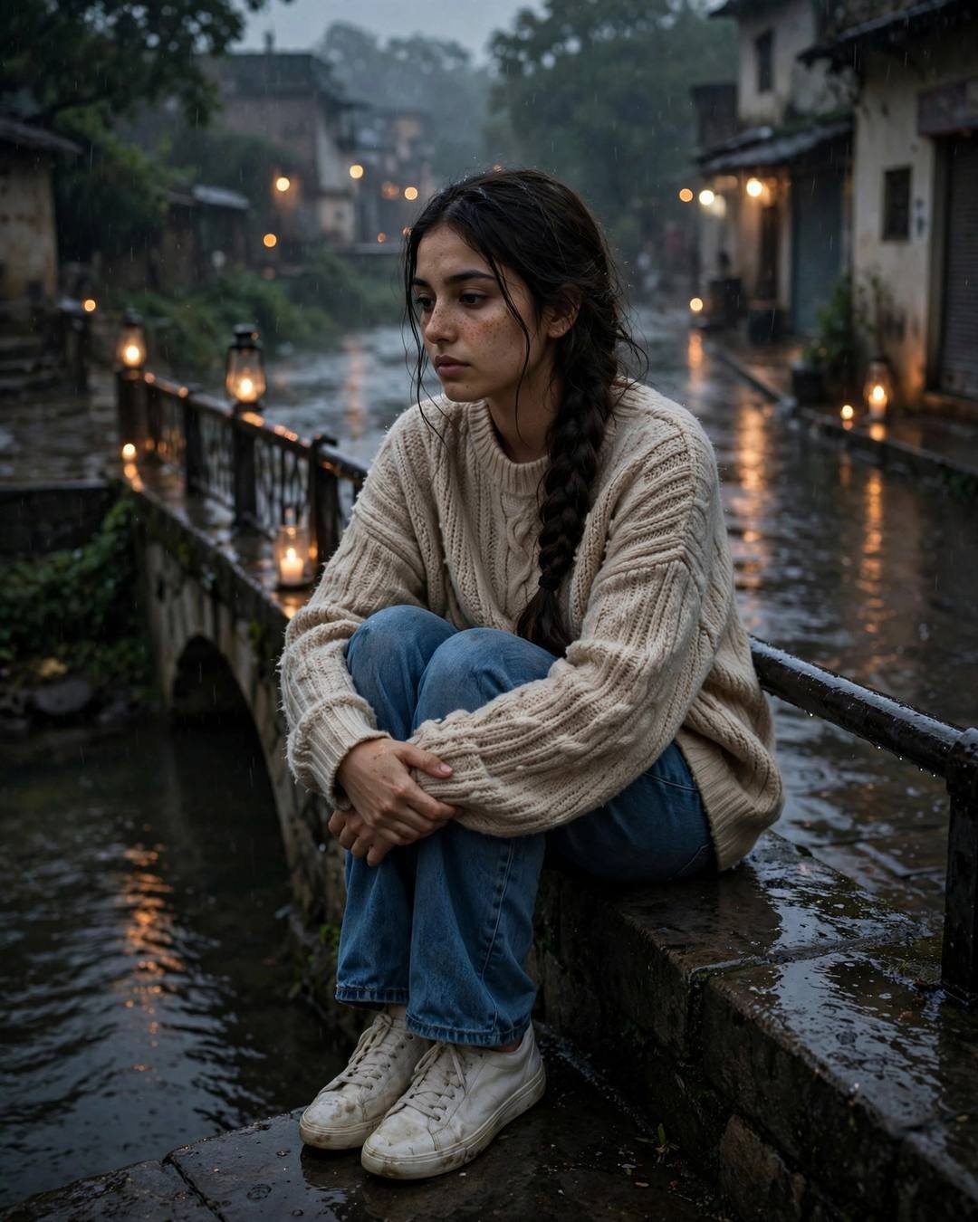 Young Indian woman in a beige sweater sitting with knees drawn up on a rainy bridge, candles glowing along the railing