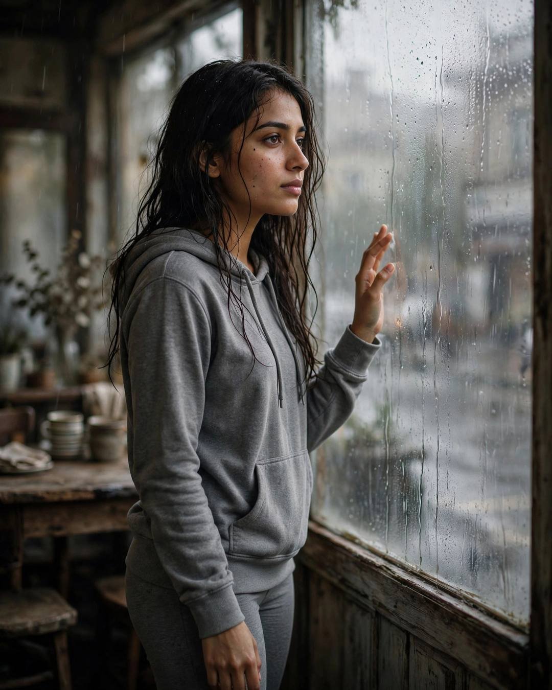 Young Indian woman in a grey hoodie standing at a rain-streaked cafe window, one hand on the glass