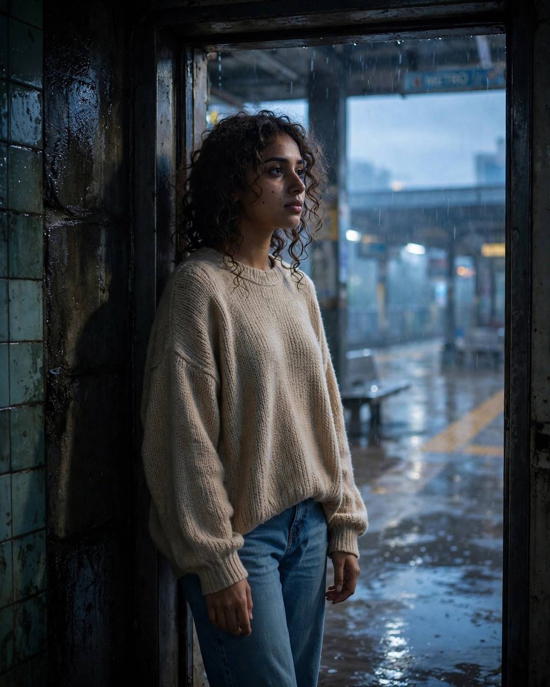 Young Indian woman in a beige sweater standing in a doorway at a rainy metro station at night, half in shadow