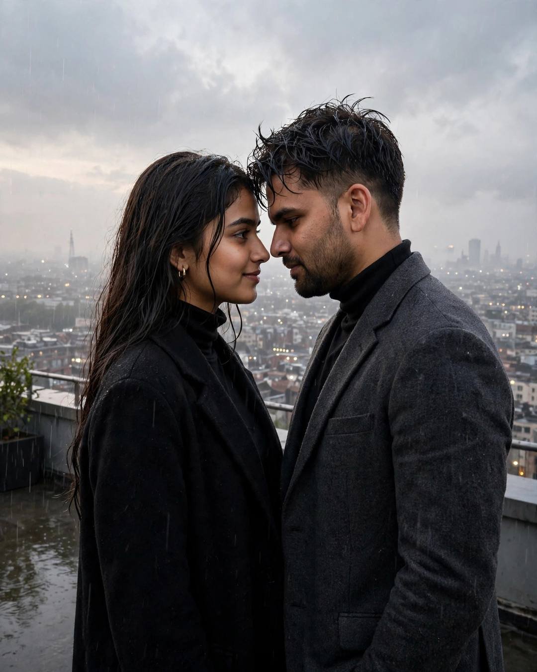 Young Indian couple face to face on a rainy rooftop at dawn, foreheads almost touching, city lights below