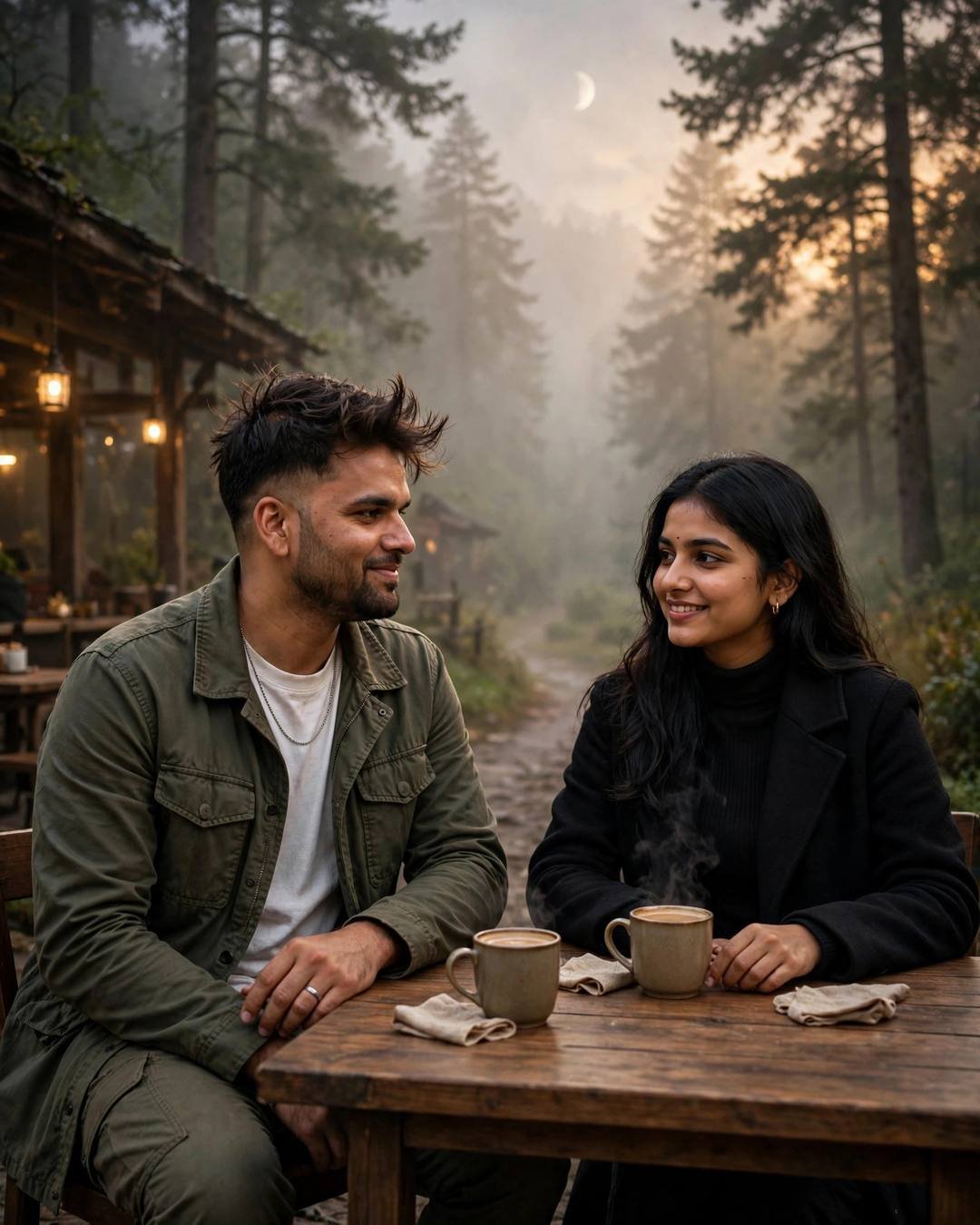 Young Indian couple sitting across a cafe table with steaming cups on a misty forest path at golden hour