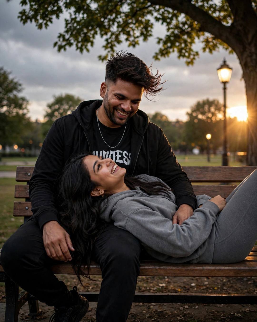 Young Indian couple on a park bench at golden hour, her head resting in his lap, both laughing