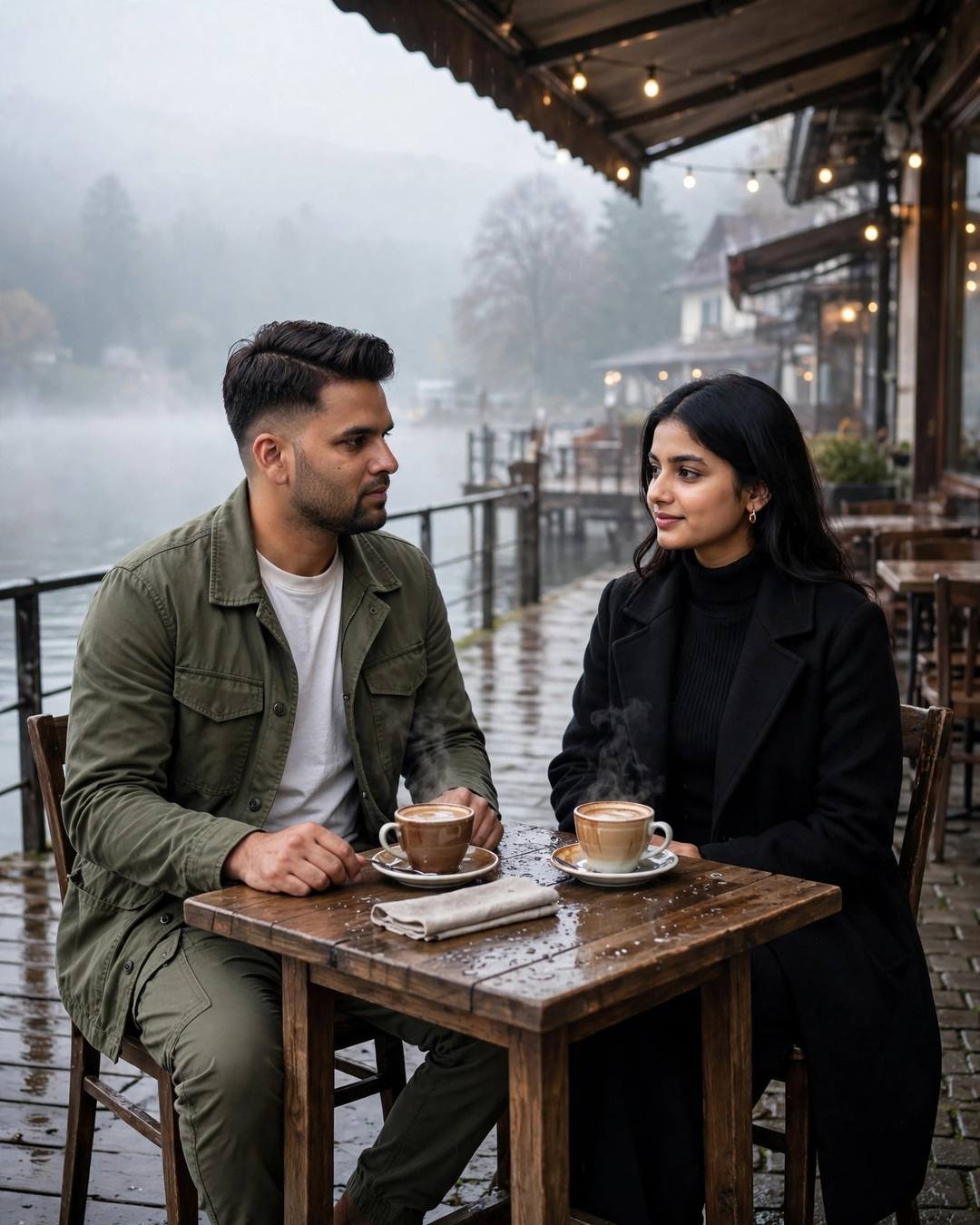 Young Indian couple sitting across a cafe table with steaming cups on a misty lake pier at dawn