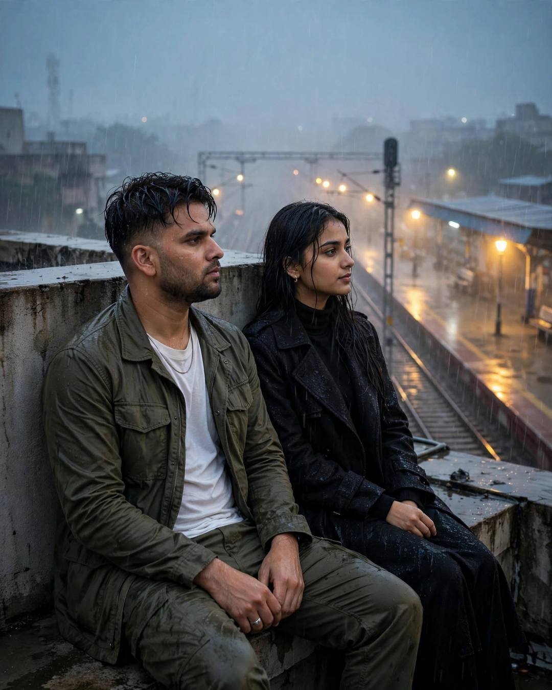 Young Indian couple sitting on a rooftop in monsoon rain, backs against the wall, railway platform glowing below