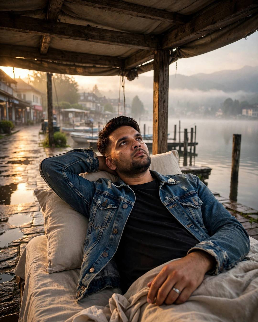 Young Indian man in a denim jacket lying back with one arm behind his head at a misty lake pier at dawn