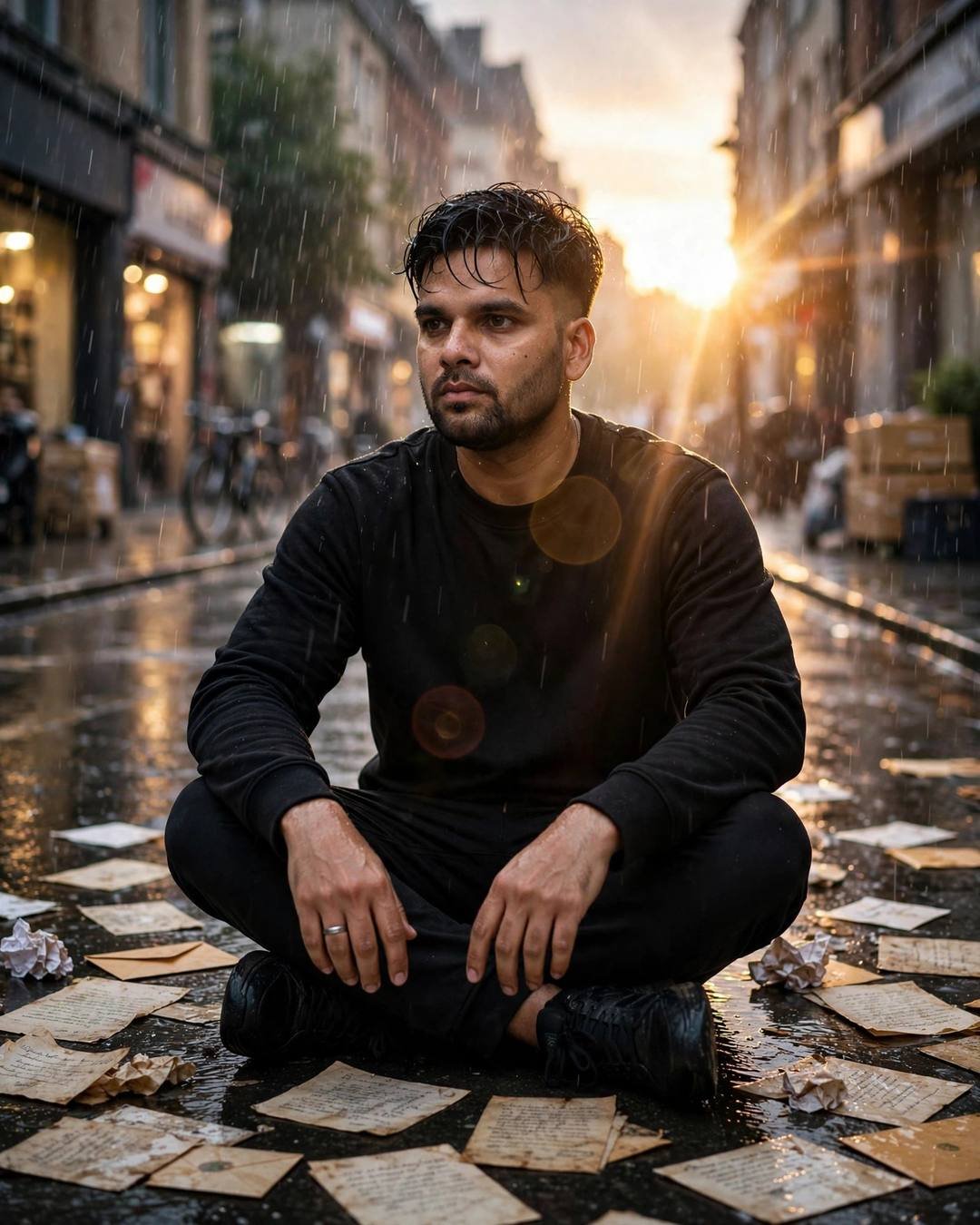 Young Indian man in all-black streetwear sitting cross-legged on a rain-soaked street surrounded by old letters, golden backlight