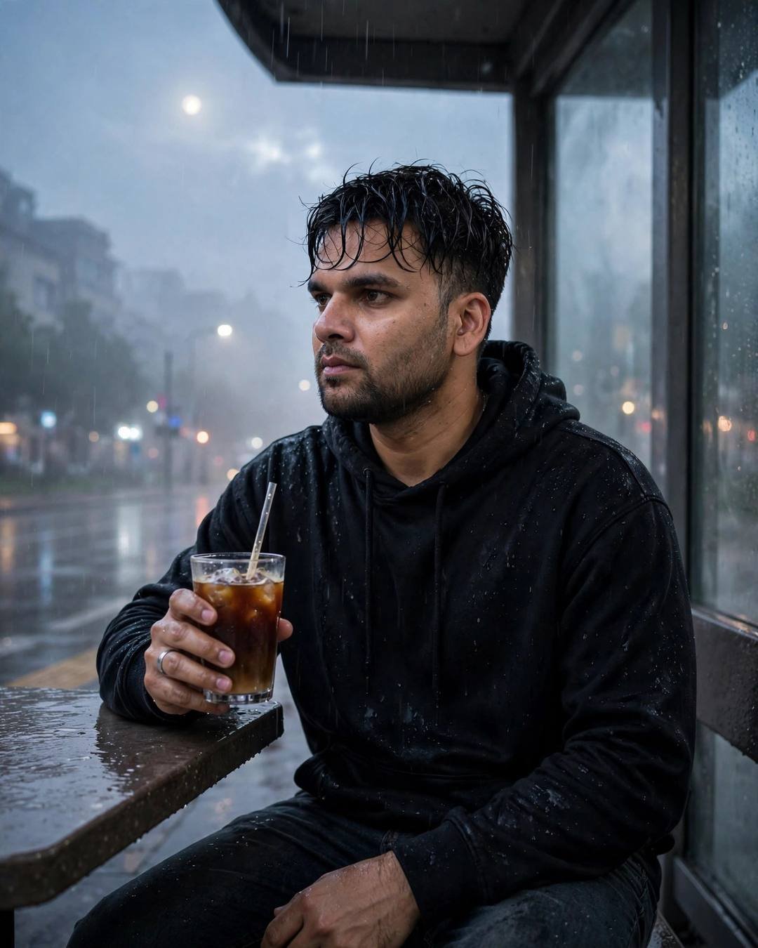 Young Indian man in a black hoodie sitting at a rainy bus stop at night holding a cold coffee, moonlight through fog