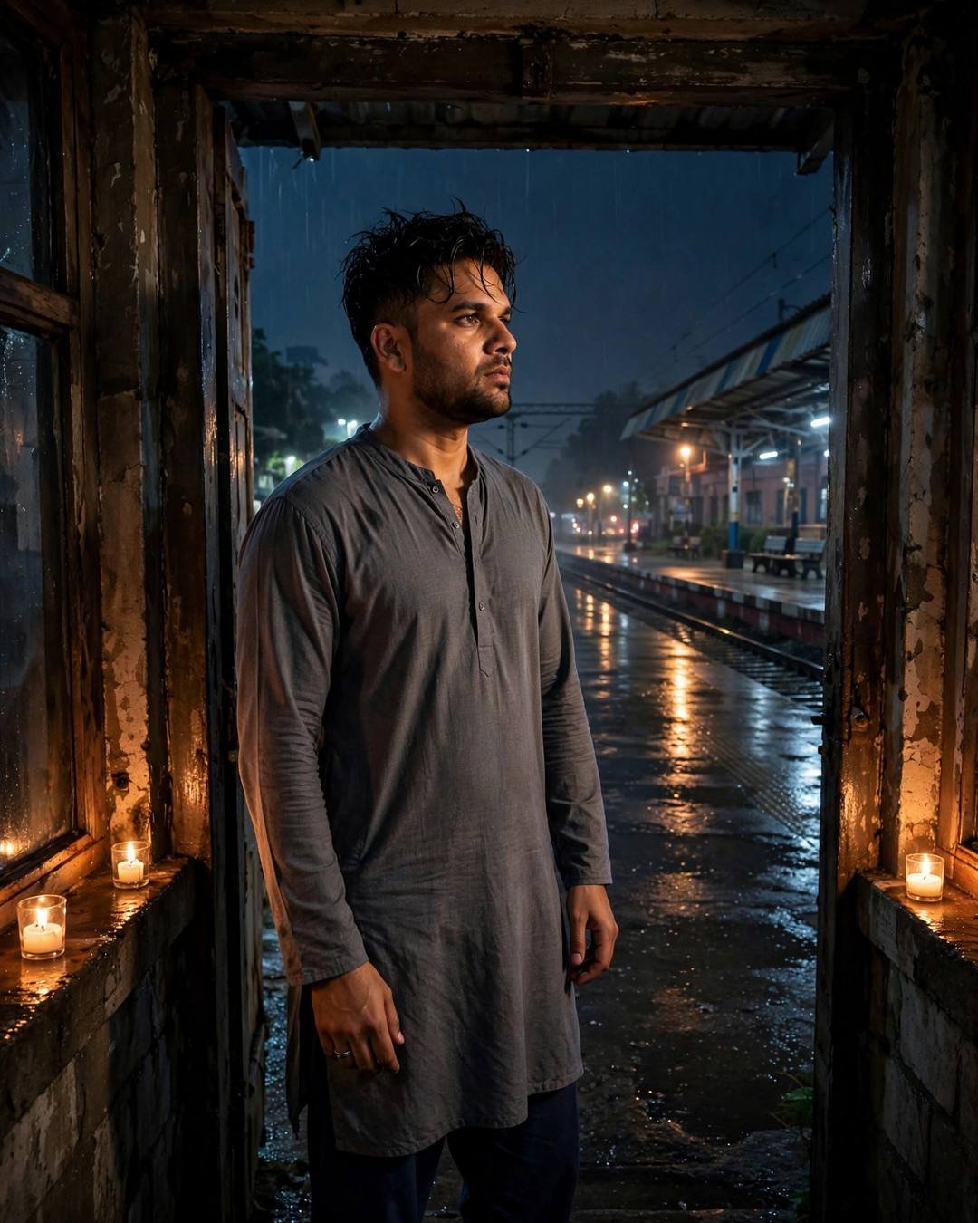 Young Indian man in a grey kurta standing in a candle-lit doorway on an empty rainy railway platform at night