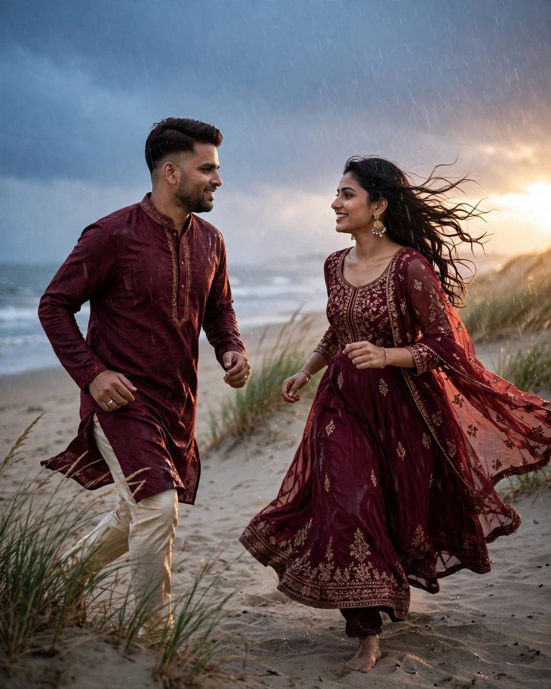 Couple in maroon traditional outfits running toward each other on a rainy beach at dusk