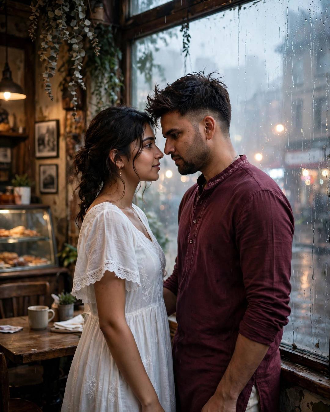 Couple with foreheads almost touching in a rainy cafe by a streaked window, maroon kurta and white dress