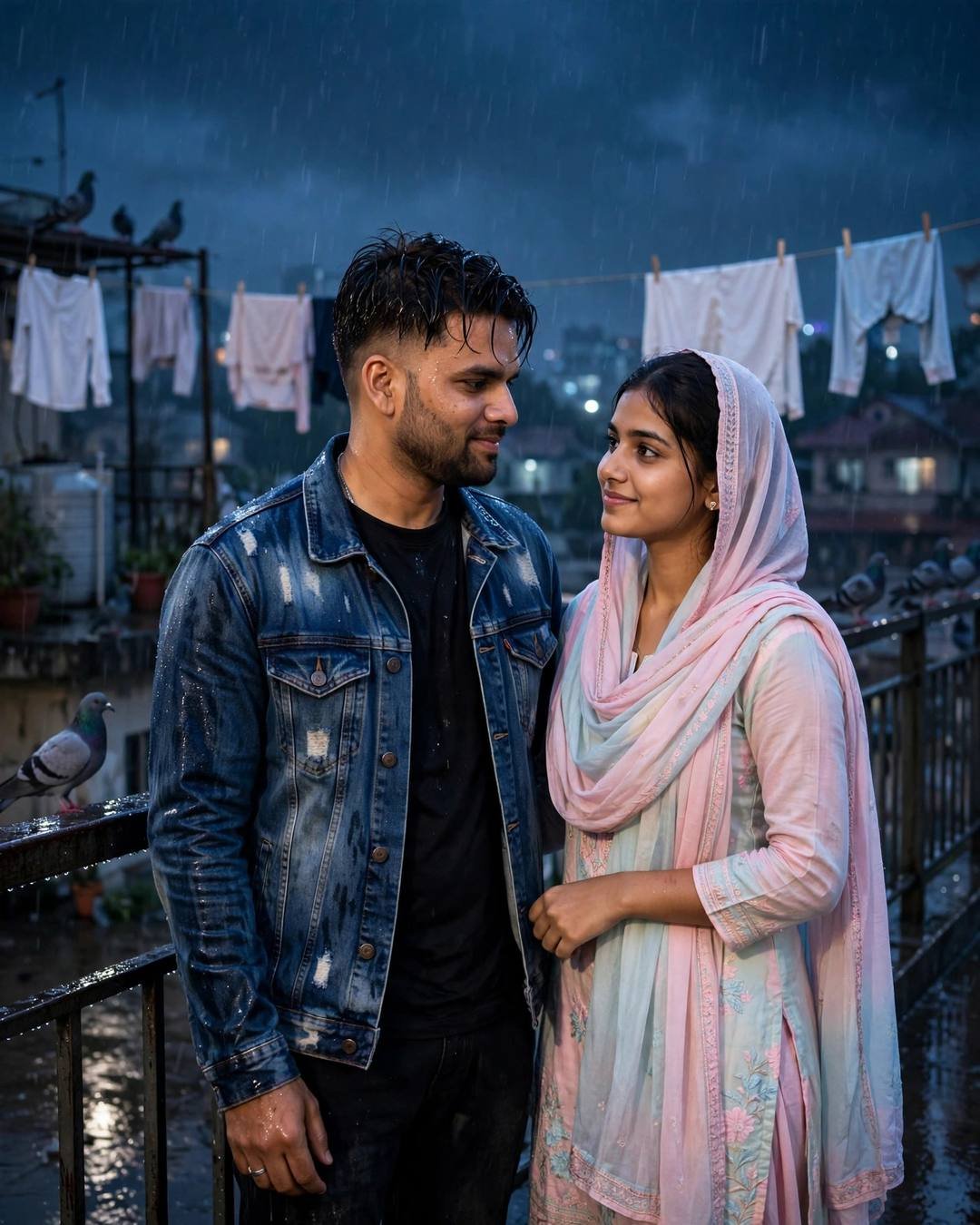 Couple standing close on a rainy rooftop terrace with clothes lines and pigeons at night