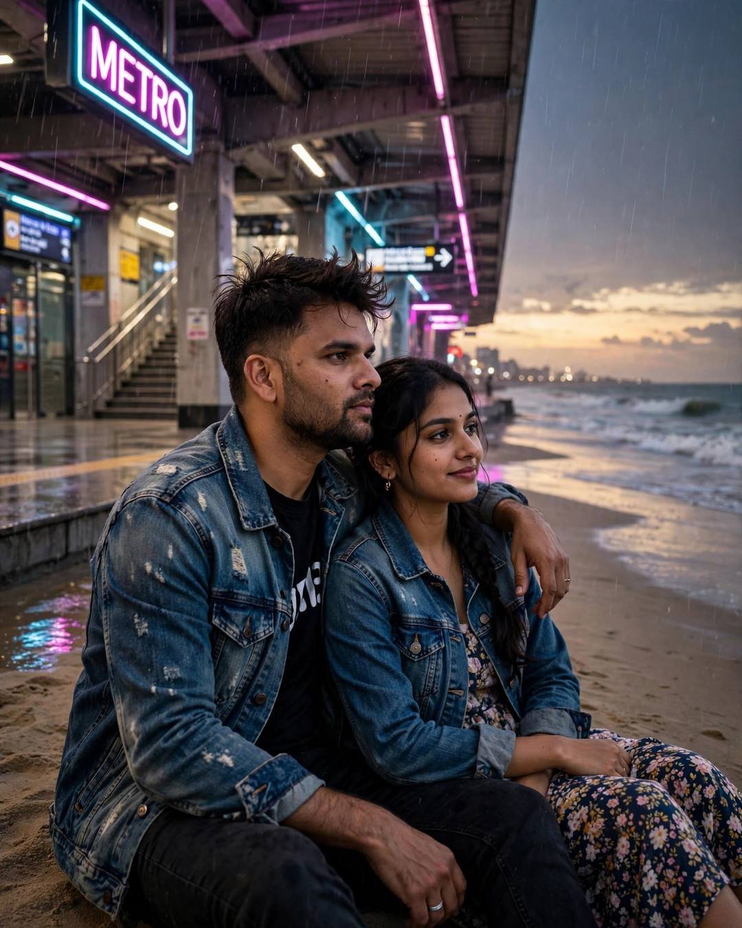 Couple sitting on a beach beside a neon-lit metro station at sunset, his arm around her