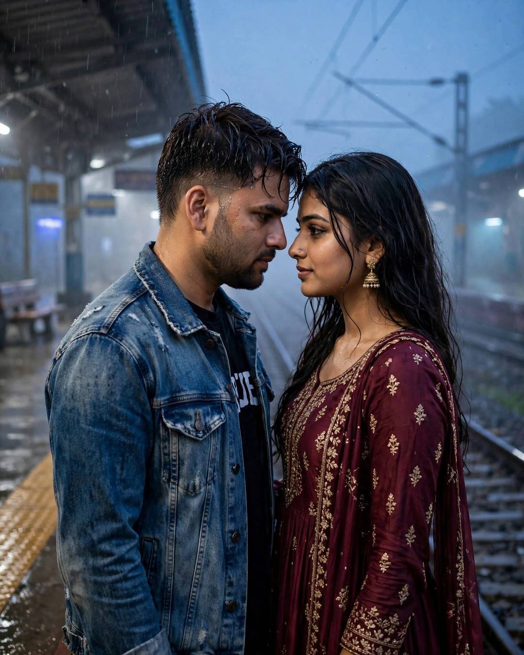 Couple with foreheads almost touching on a foggy railway platform at night