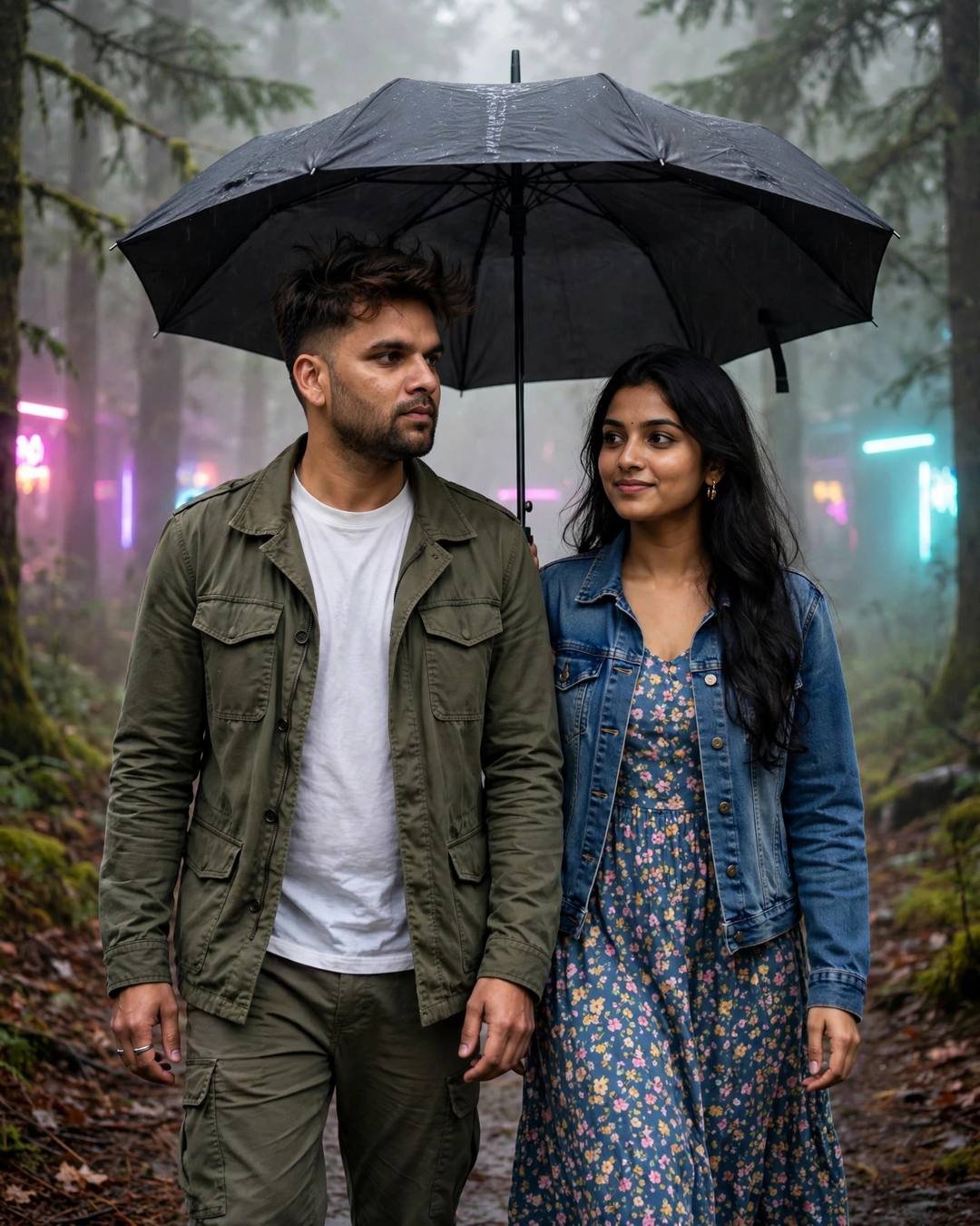Couple walking under one black umbrella on a misty forest path with pink and cyan neon glow