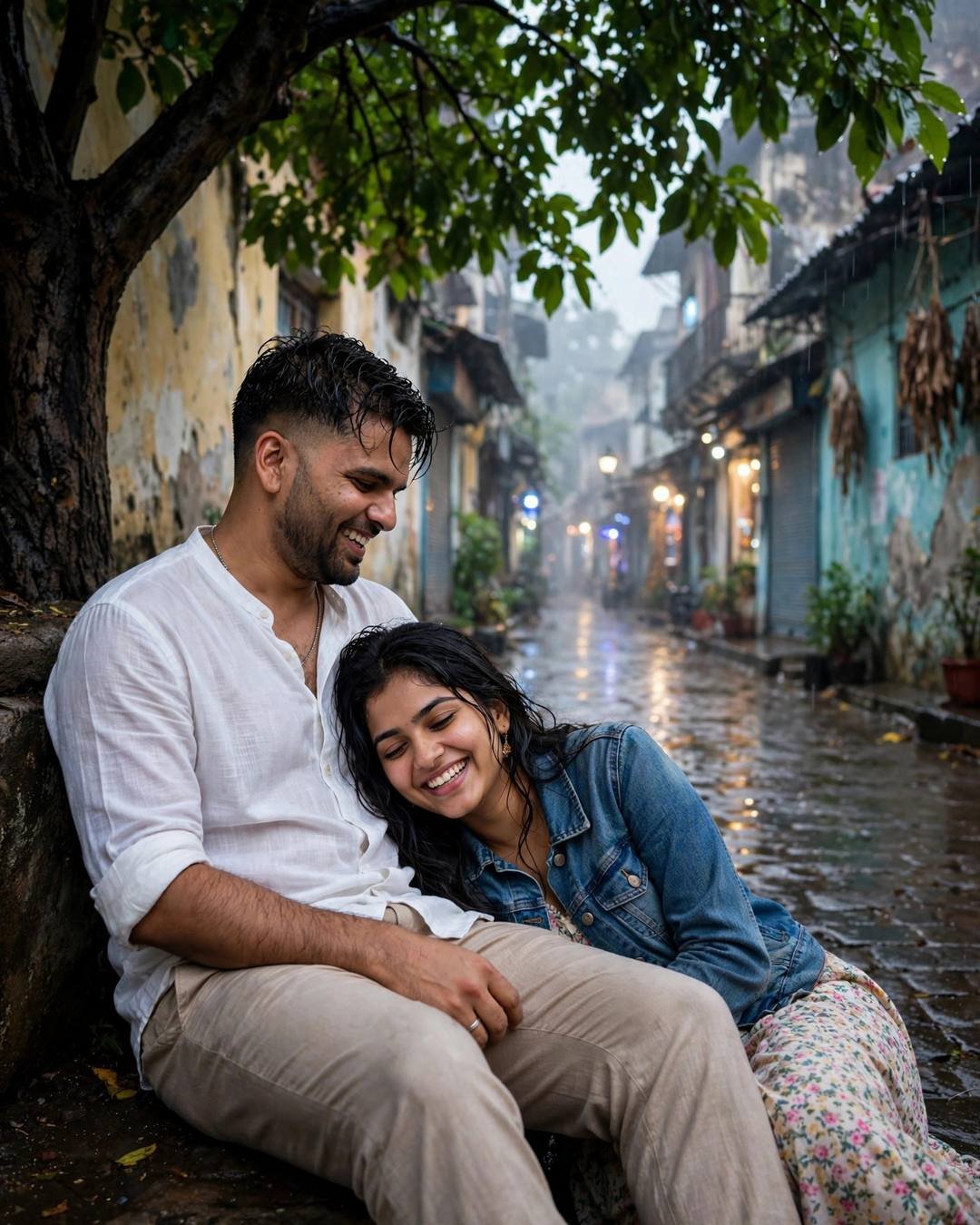 Laughing couple under a tree in a rainy old-city lane, her head resting in his lap