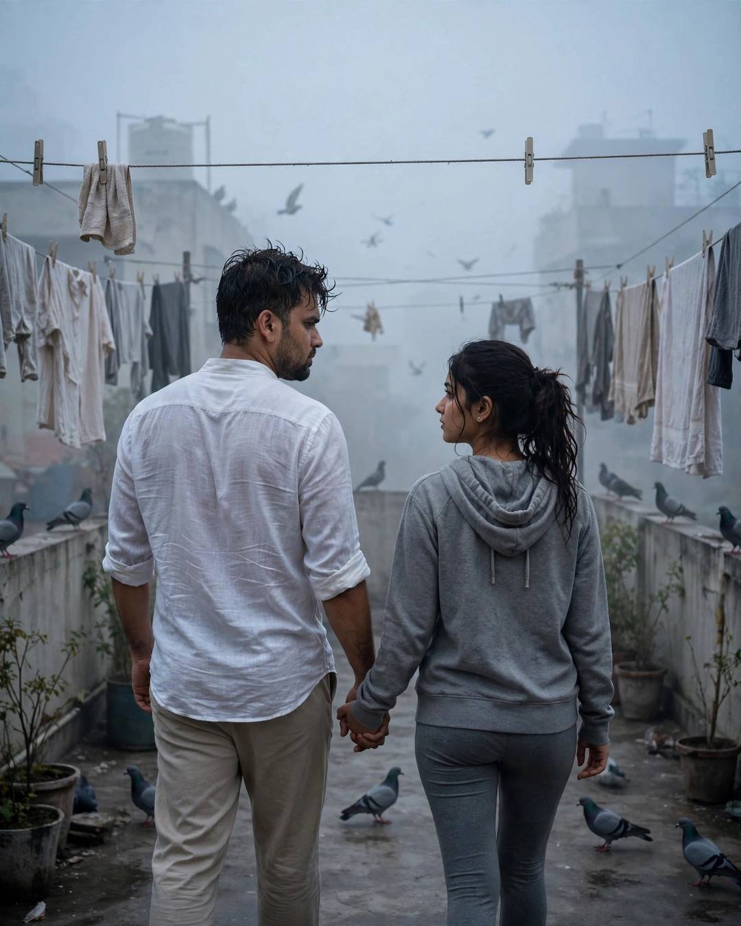 Couple walking hand in hand away from camera on a foggy terrace with clothes lines and pigeons
