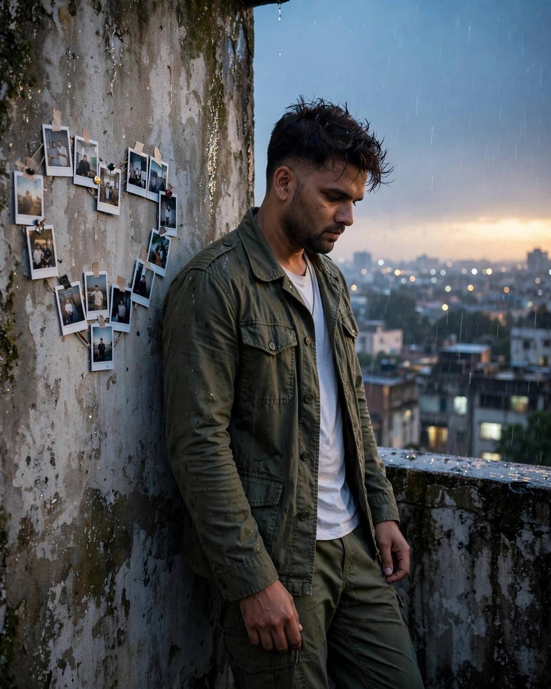 Young Indian man leaning against a weathered wall on a rooftop at dusk, polaroid photos taped beside him
