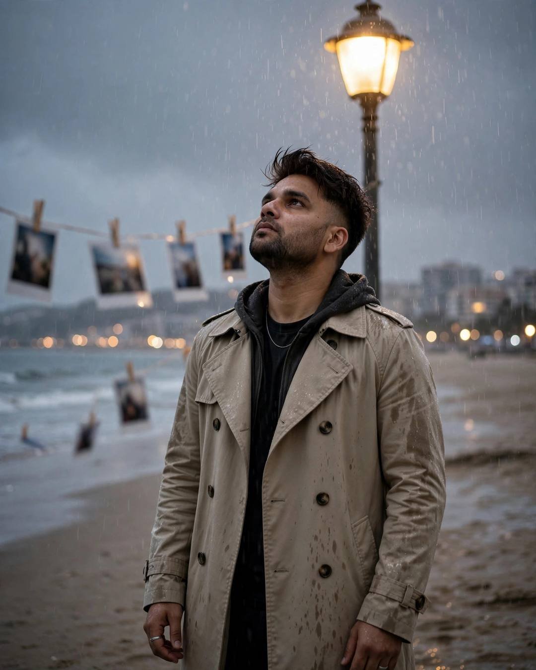 Young Indian man in trench coat standing under a streetlamp on a rainy beach at dusk, face lifted to sky