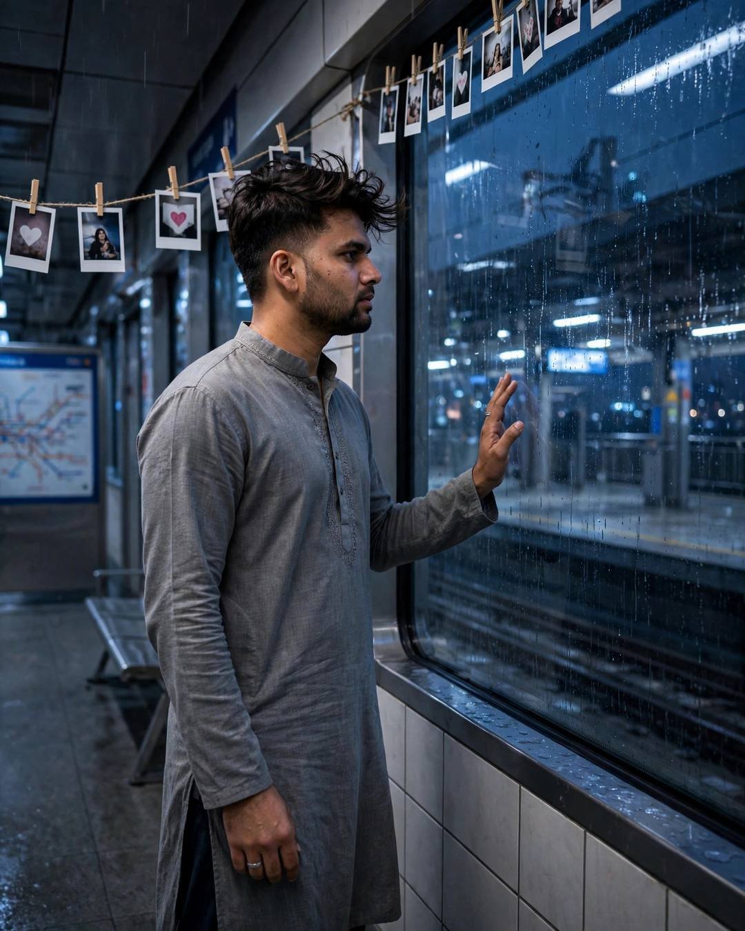 Young Indian man in grey kurta with hand on rain-streaked metro station window at night, polaroids above