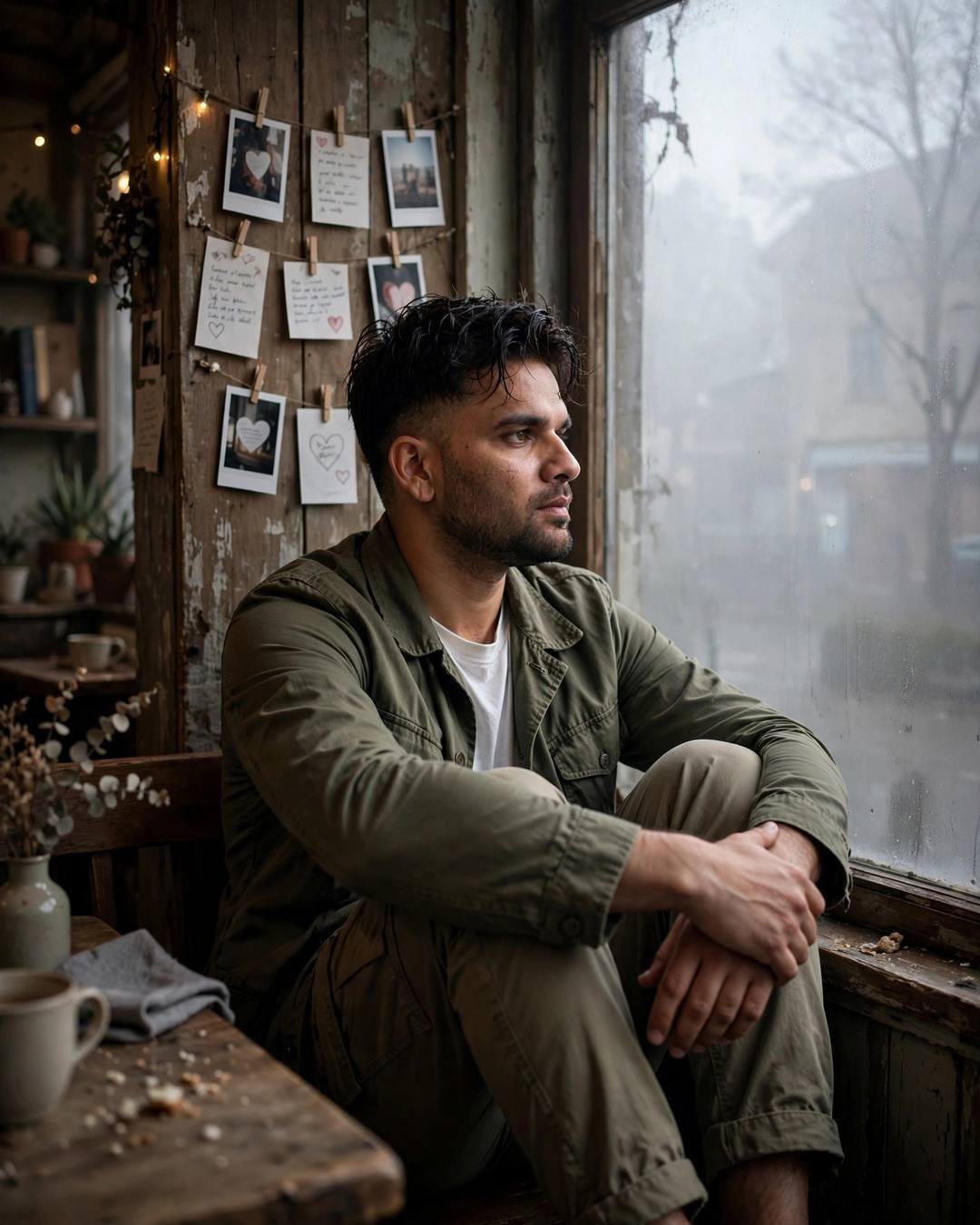 Young Indian man sitting with knees drawn up by a fogged cafe window, polaroids pinned on wooden pillar