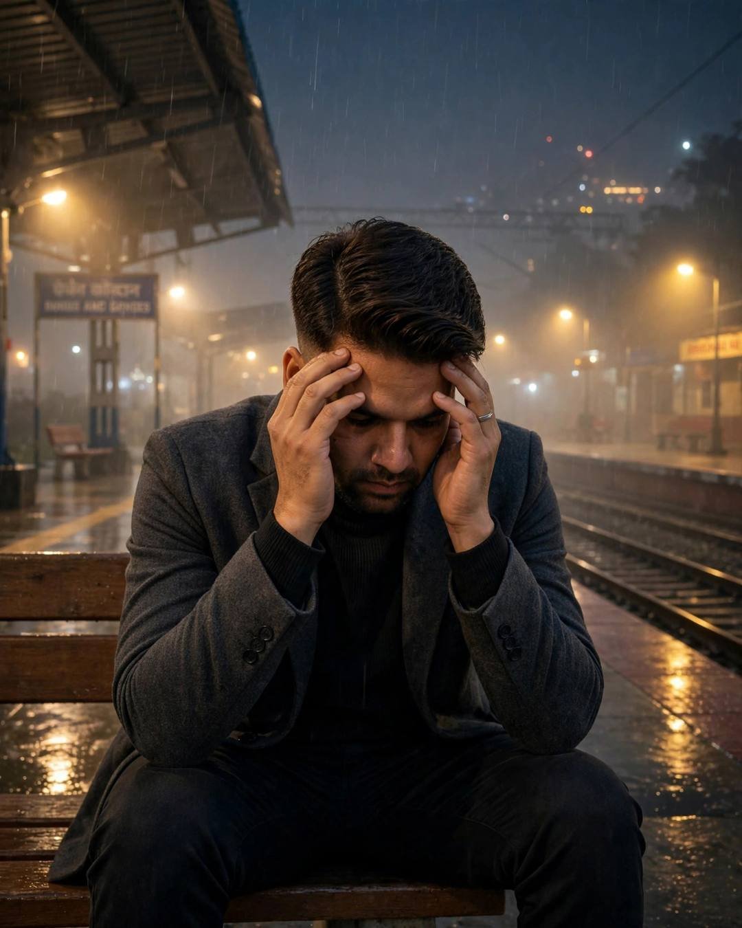 Young Indian man in a charcoal blazer sitting on a rainy railway platform bench at night, head in his hands