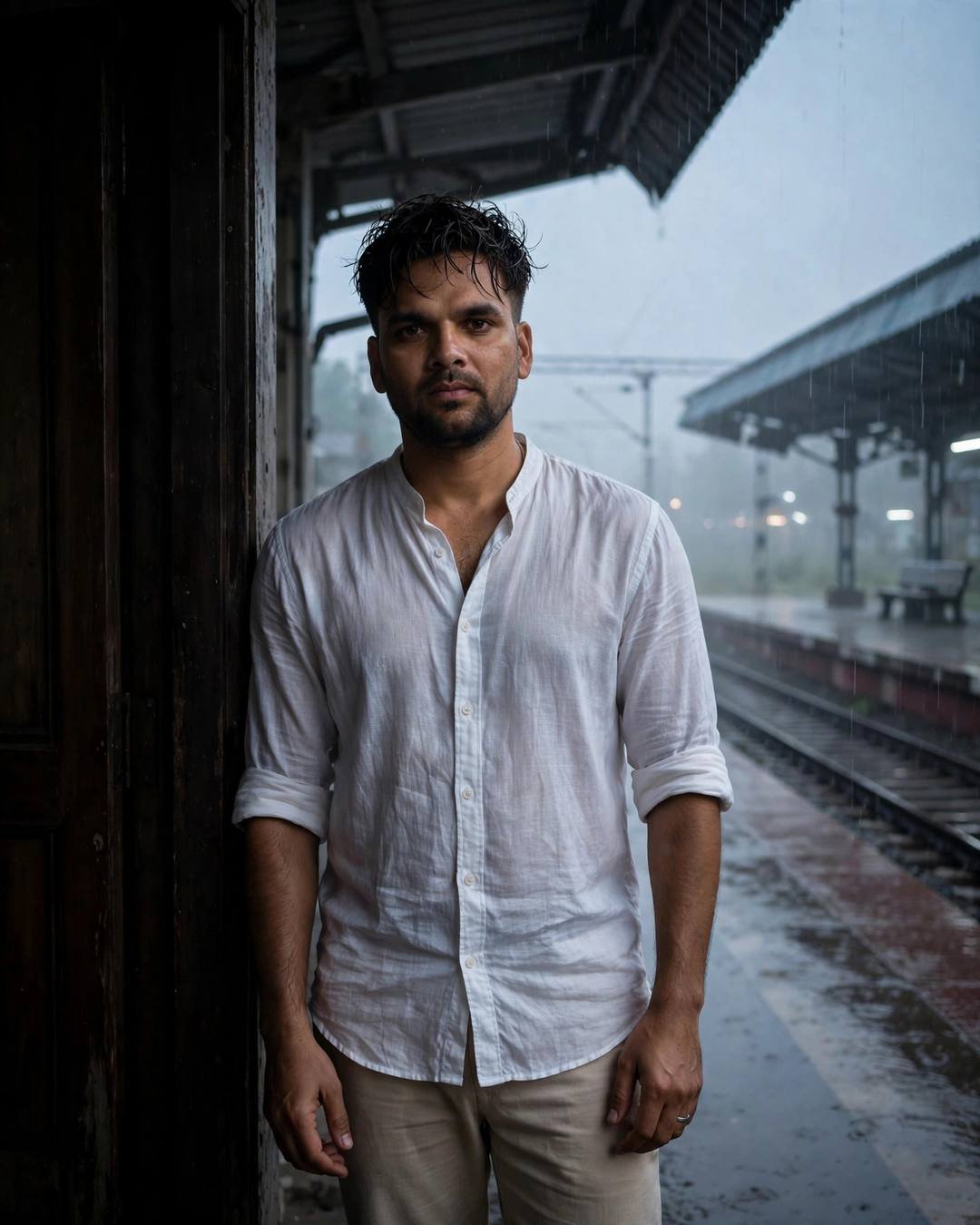 Young Indian man in a white linen shirt standing in a doorway on an empty rainy railway platform at night