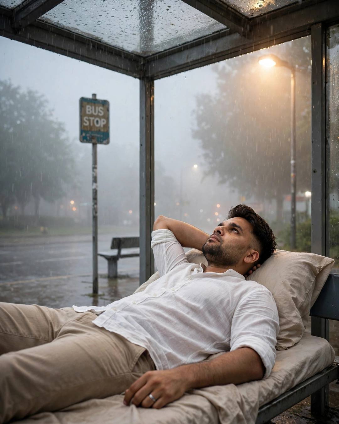 Young Indian man in a white linen shirt reclining on a rainy bus stop shelter bench at night, one arm behind his head