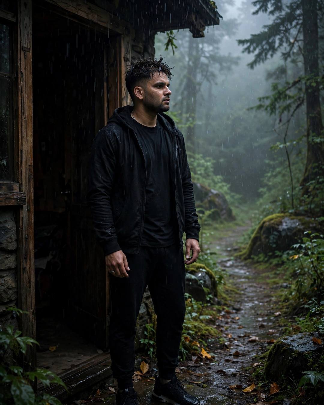 Young Indian man in black streetwear standing half in shadow in a doorway on a misty forest path