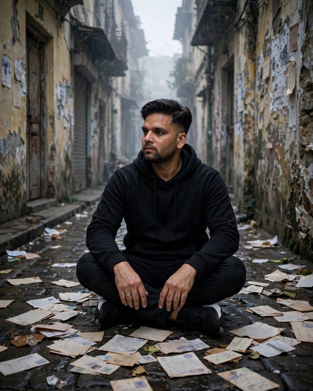 Young Indian man in black streetwear sitting cross-legged among old letters in a rainy old-city lane