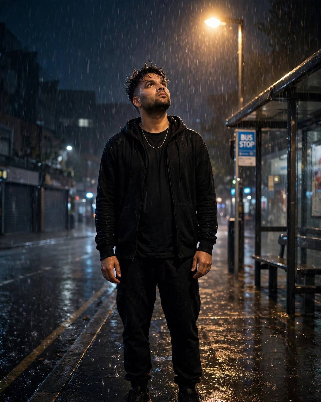 Young Indian man in black streetwear under a streetlamp at a rainy bus stop at night, face to sky