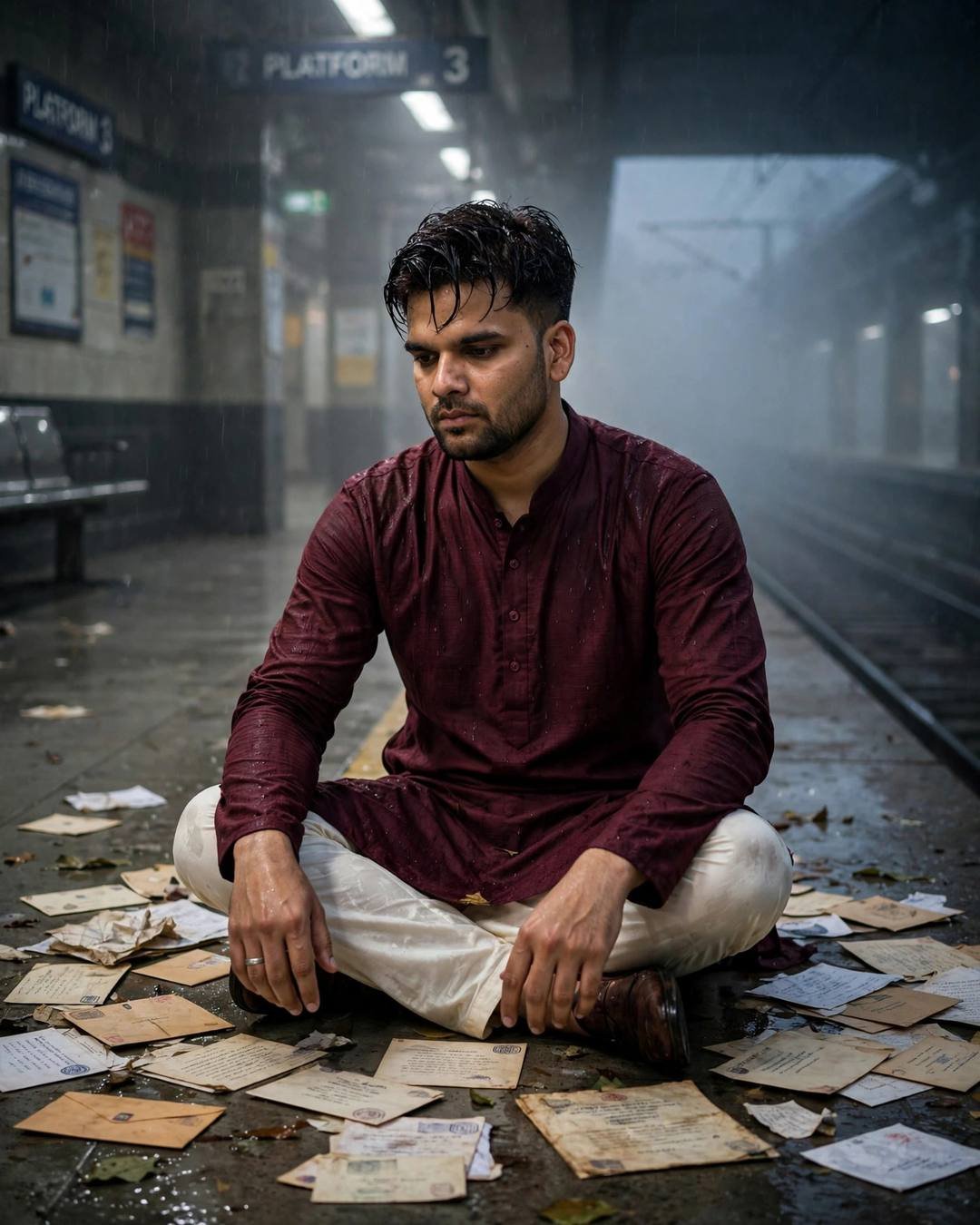 Young Indian man in maroon kurta sitting cross-legged among old letters on a rainy metro platform