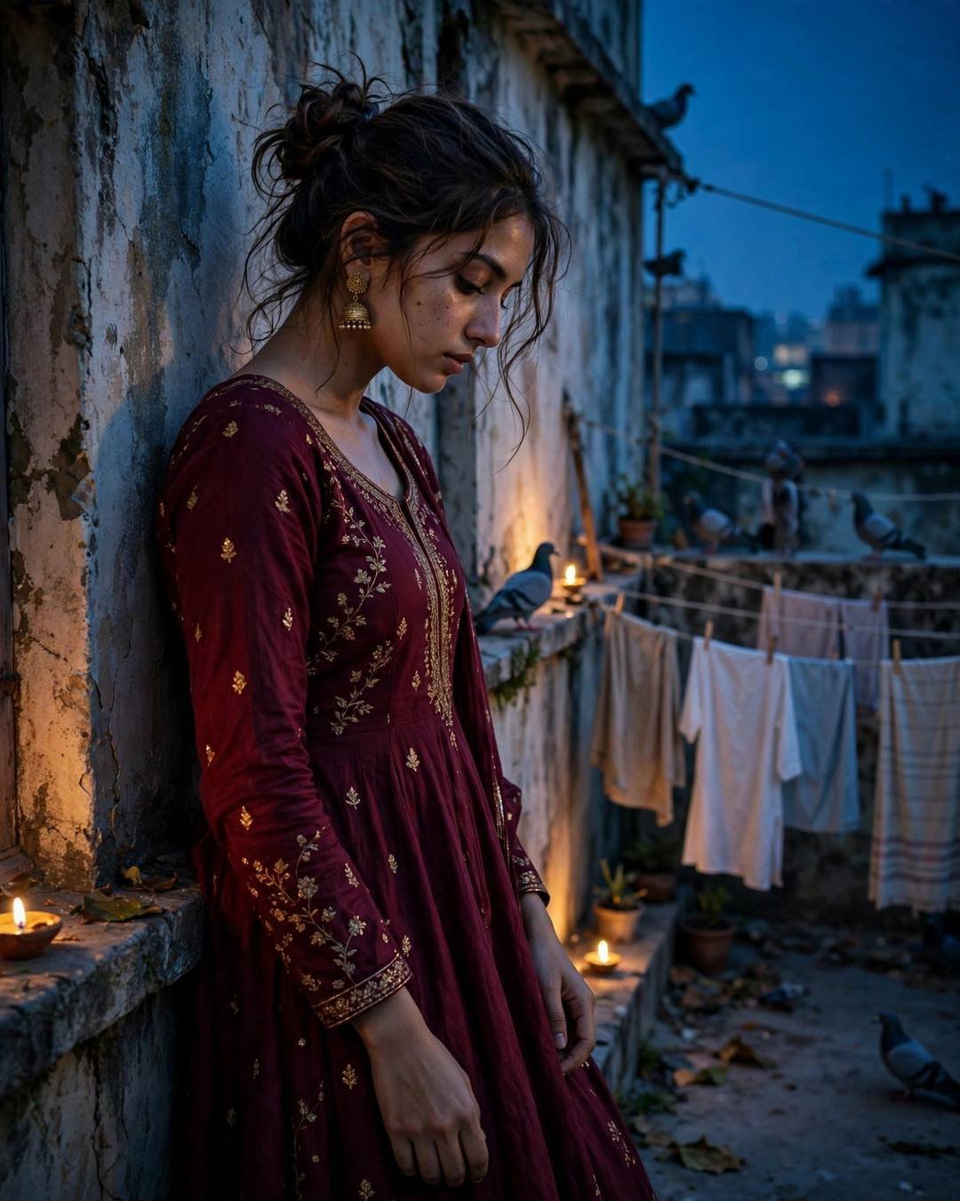Young Indian woman in maroon anarkali with jhumkas leaning against a wall on a candle-lit terrace with pigeons