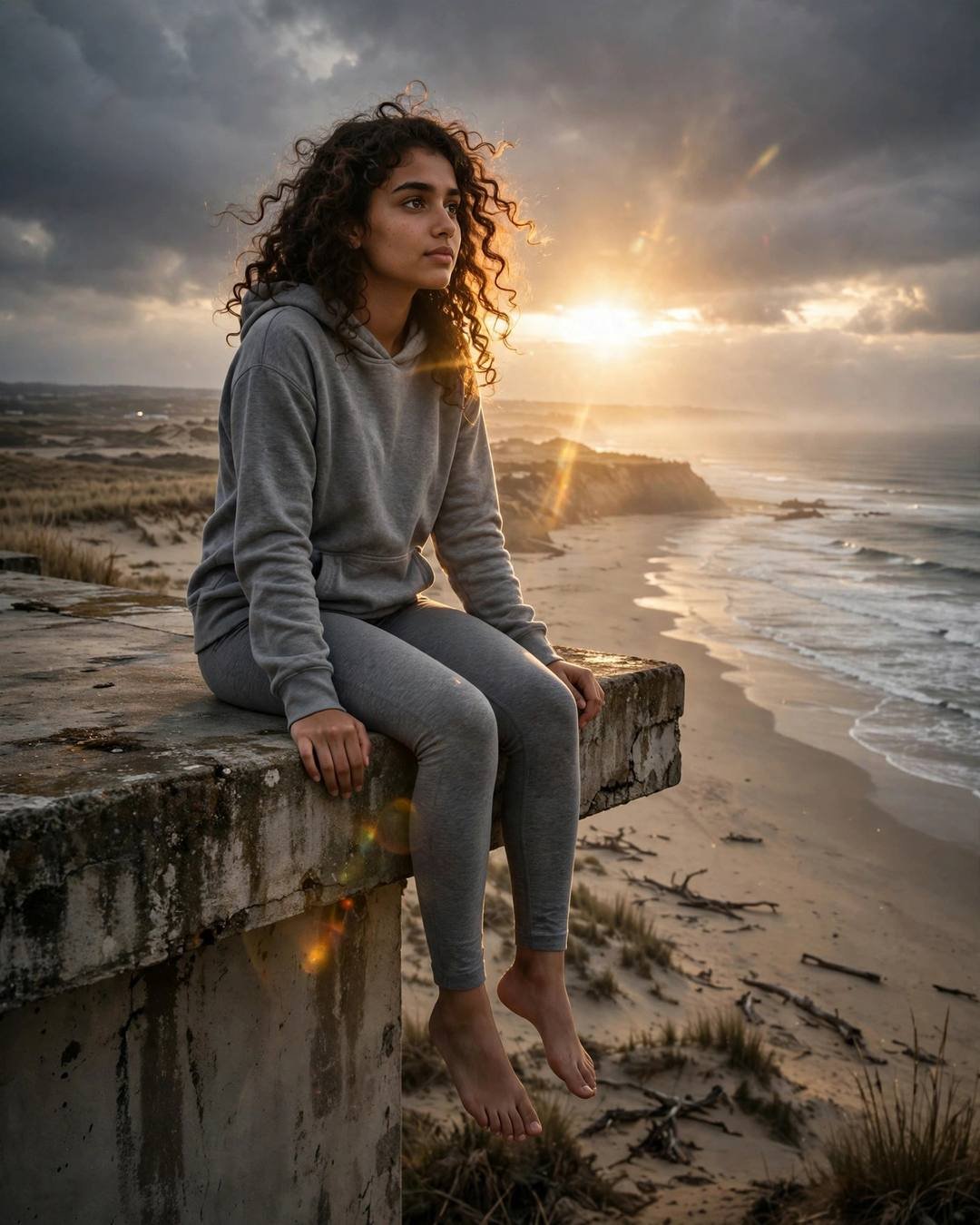 Young Indian woman in grey hoodie and leggings sitting barefoot on a ledge above a beach at golden hour