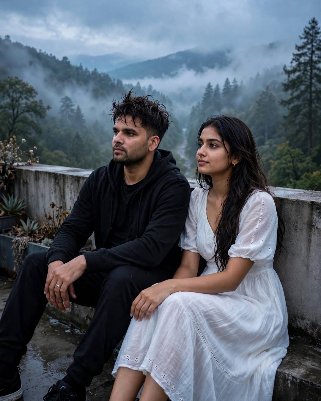 Morning fog parting to reveal them standing — AI-generated cinematic couple photograph on PROMOLOOT