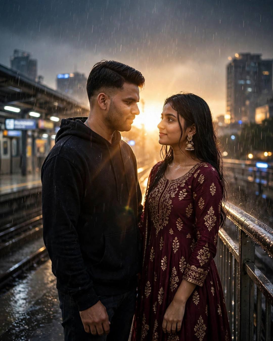 Both barefoot in a sparkling cold mountain — AI-generated cinematic couple photograph on PROMOLOOT