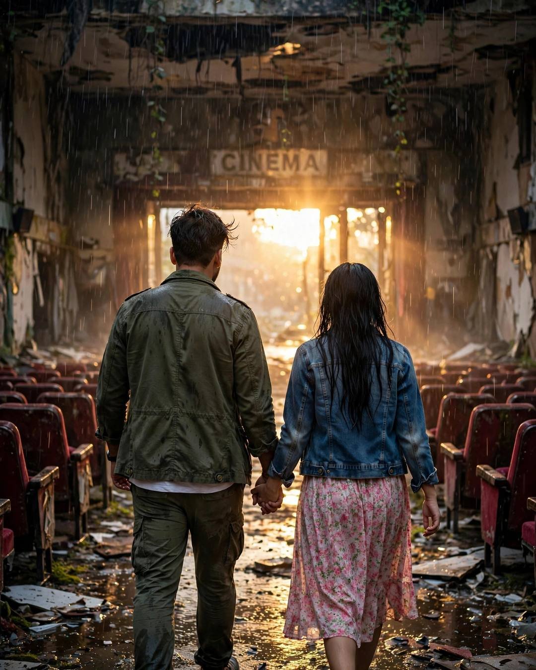 A couple walking hand in hand through a ruined cinema toward golden light in the rain