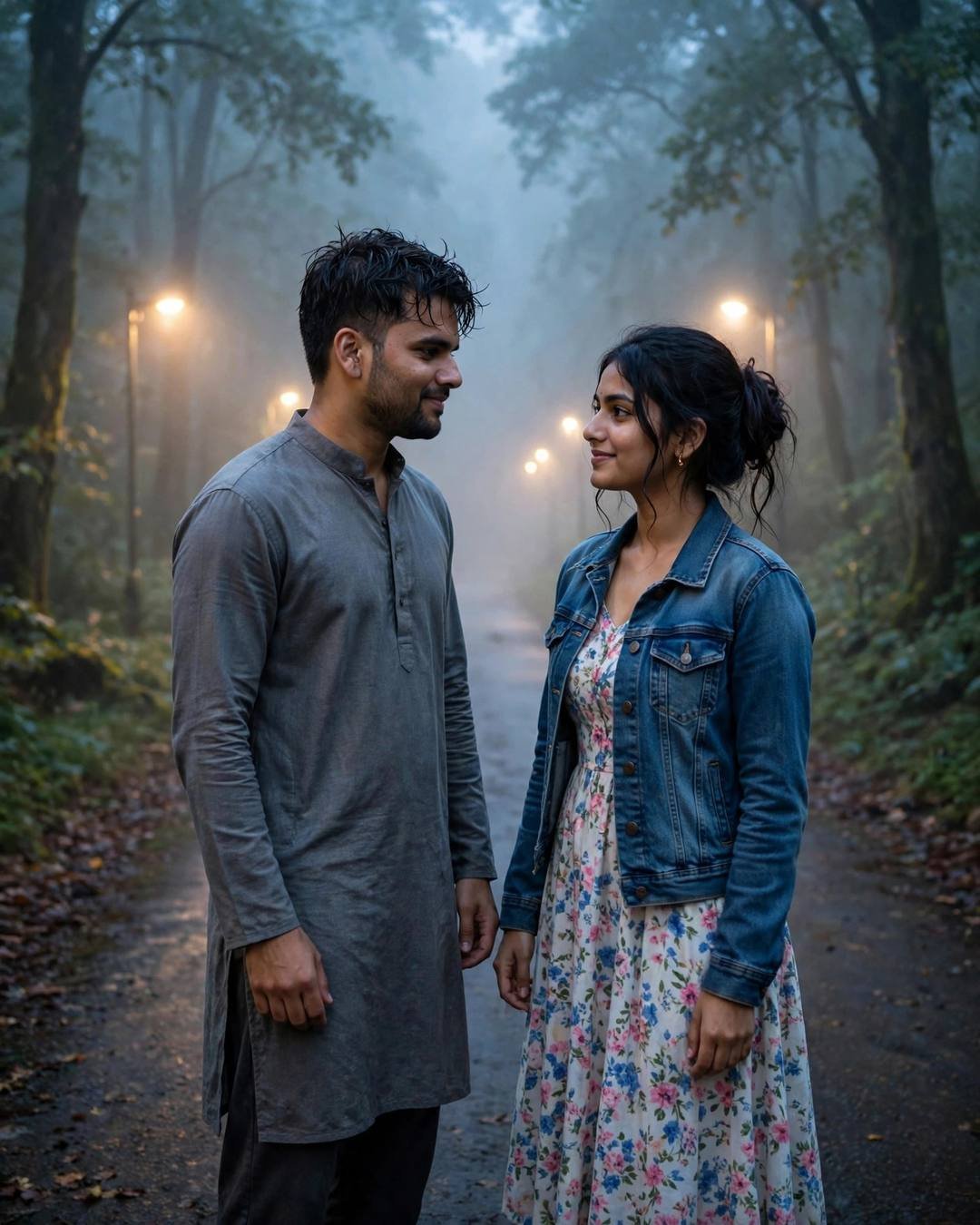 A couple slow-dancing on a misty forest path under streetlamps