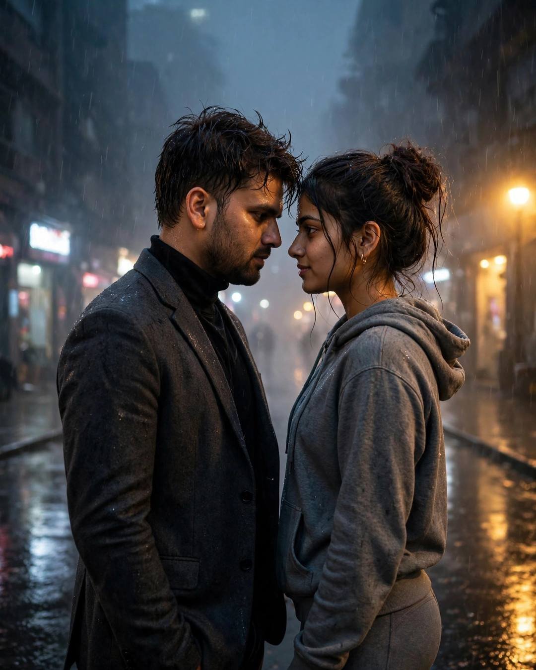 A couple face to face in night rain on a foggy city street, foreheads almost touching
