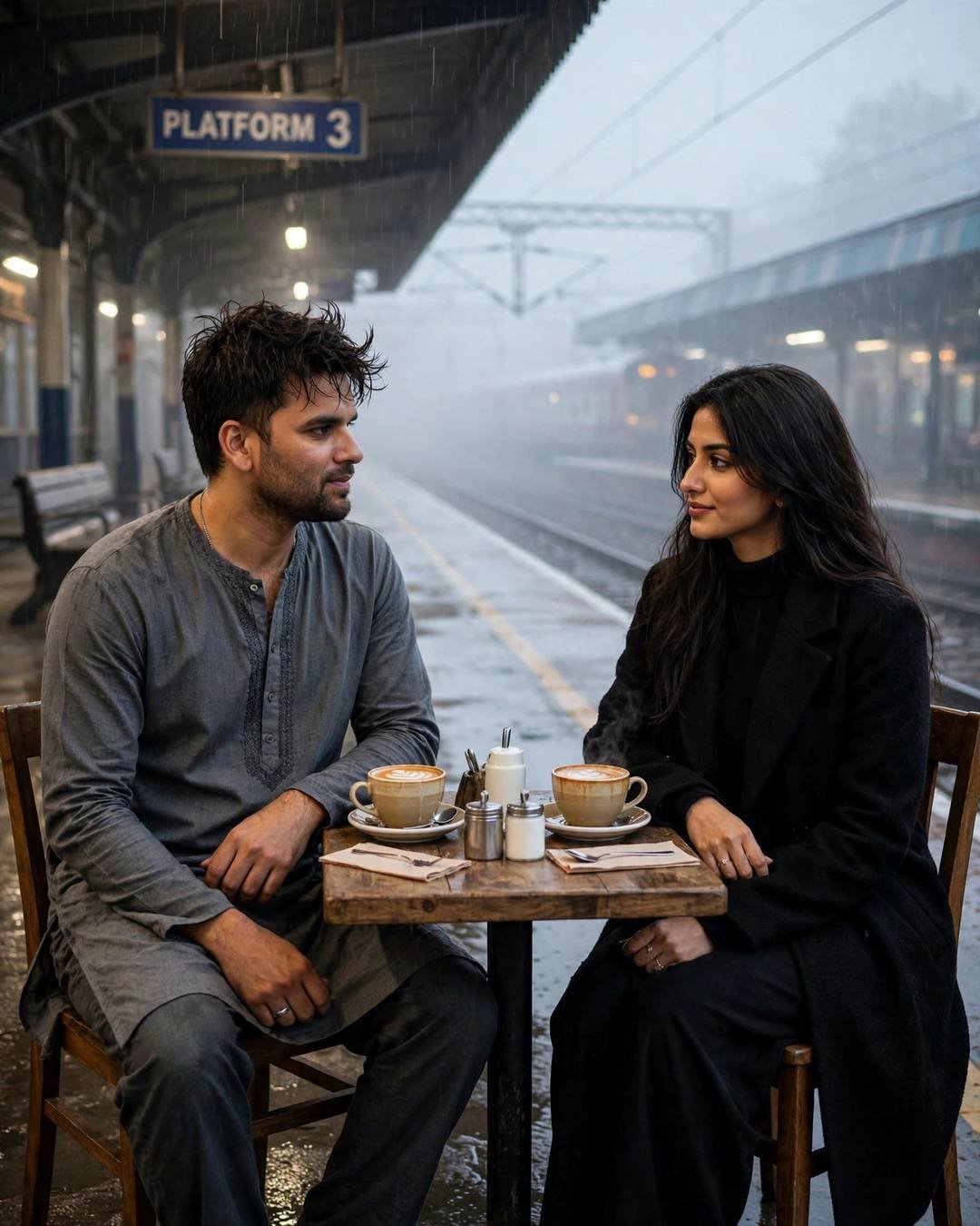 A couple sharing cutting chai at a small table on an empty night railway platform