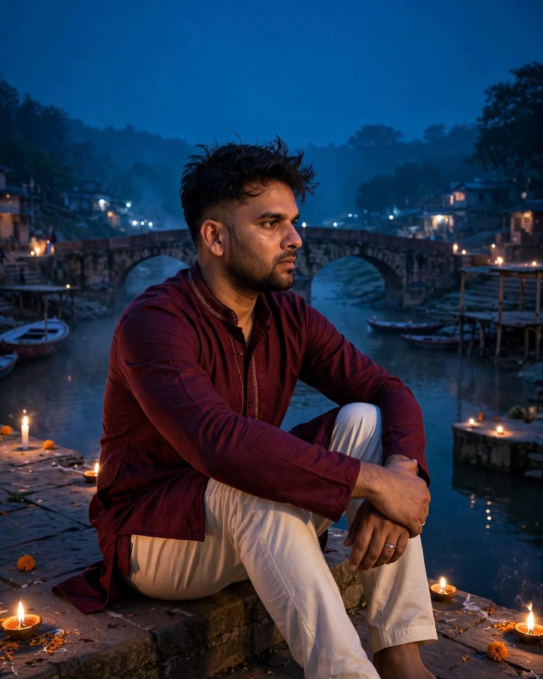 AI photo of a young Indian man in a maroon kurta sitting on stone ghat steps by a river at blue hour with burning diyas