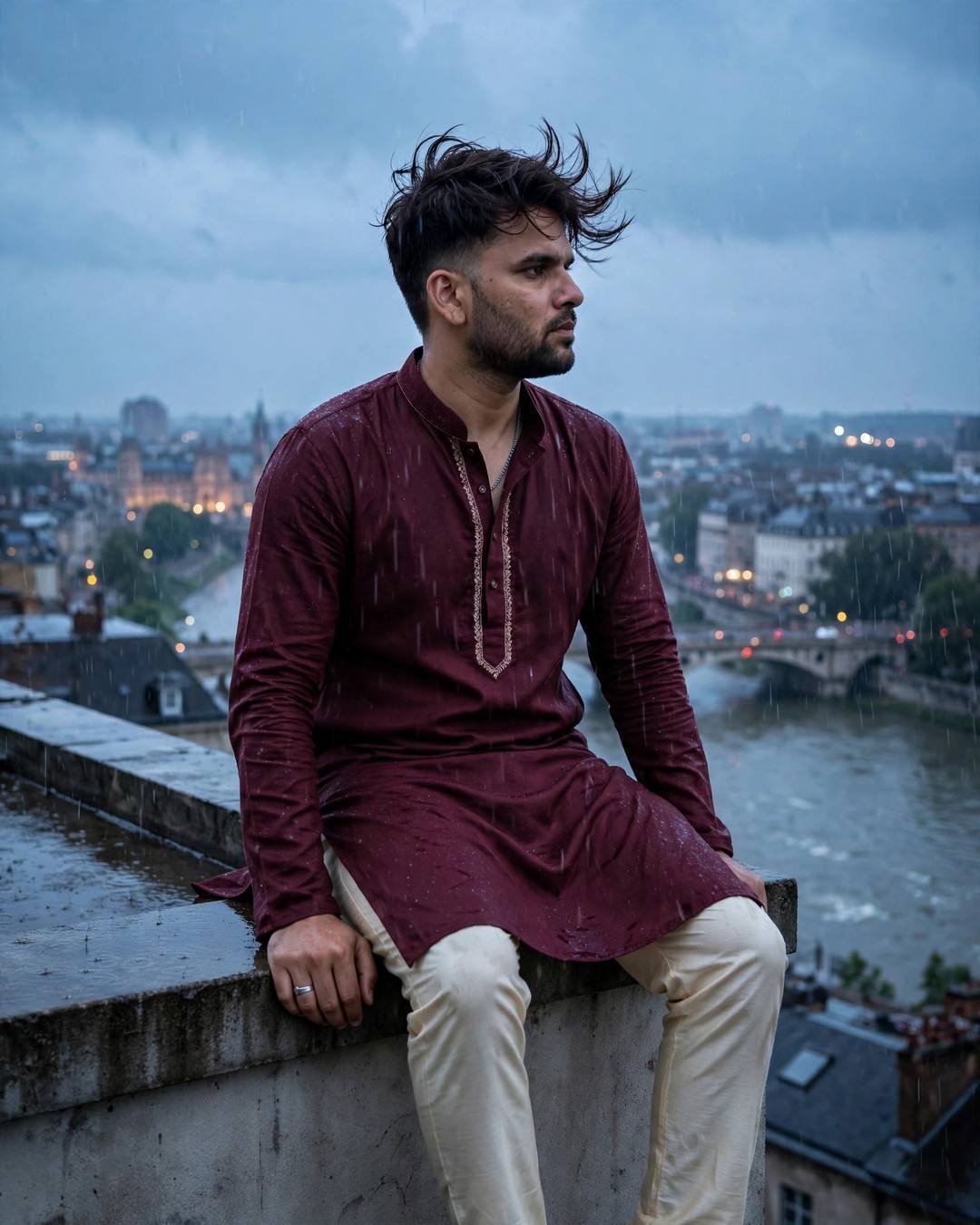 AI photo of a young Indian man in a maroon kurta sitting on a rooftop ledge overlooking a rain-grey river and city
