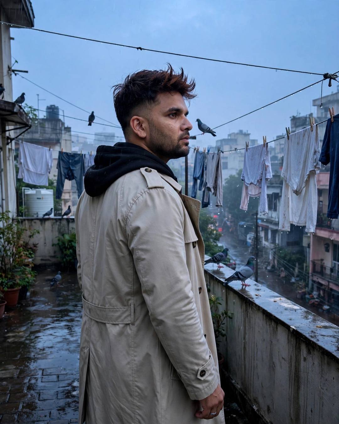 AI photo of a young Indian man in a beige trench coat standing on a dawn rooftop terrace among clothes lines and pigeons