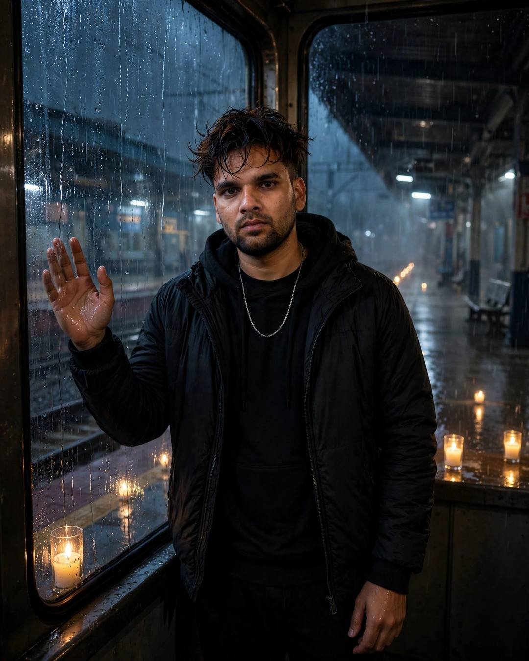 AI photo of a young Indian man in black streetwear with his hand on a rain-streaked train window at an empty night platform