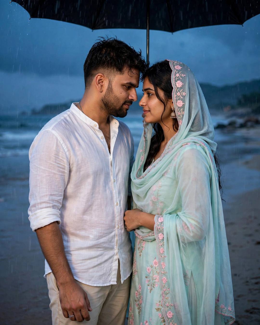 A couple sharing one umbrella on a beach at dusk, foreheads almost touching