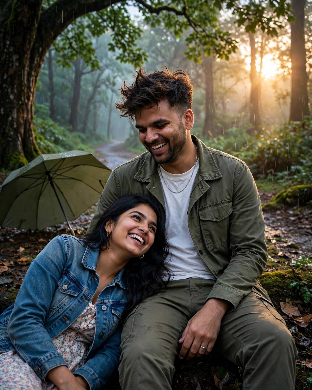 A laughing couple under a tree on a misty forest path, her head in his lap