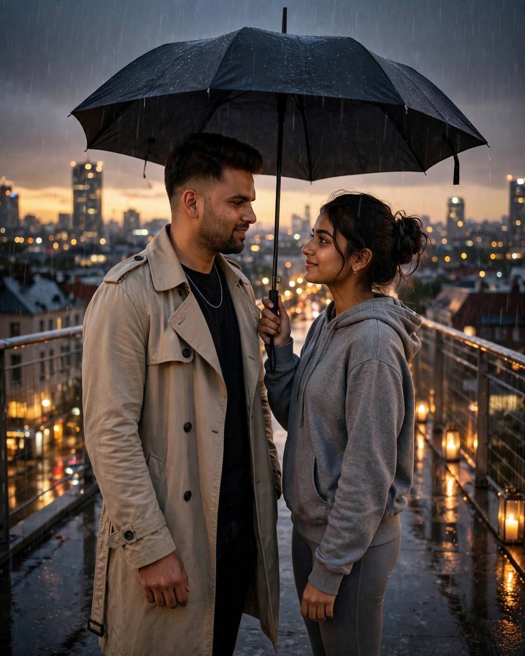 A couple sharing an umbrella on a bridge above glittering city lights at dusk