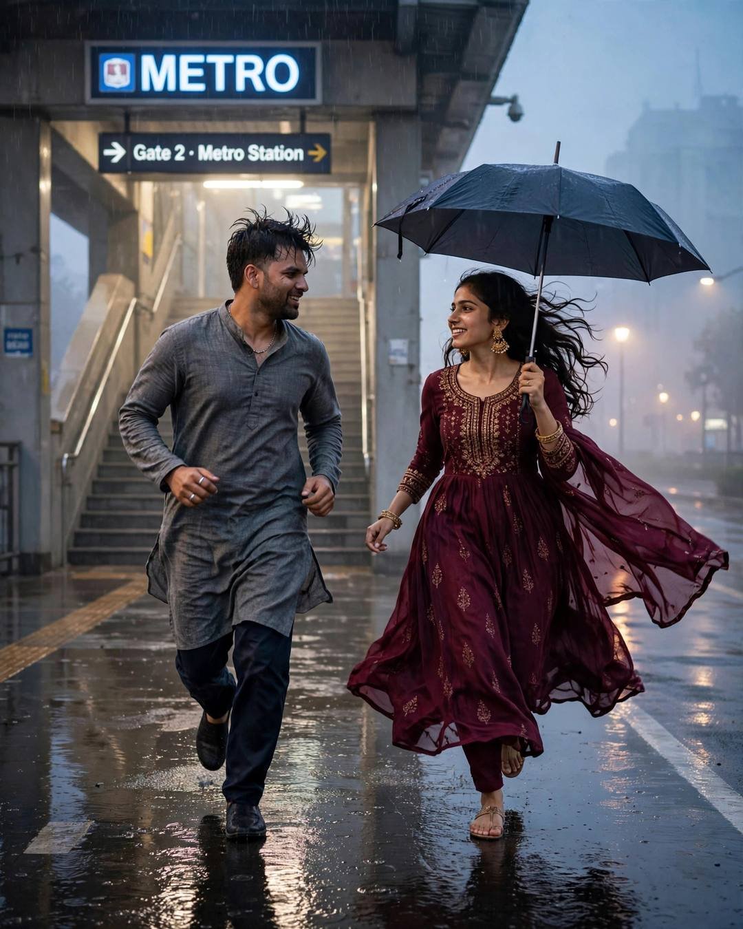 A couple running toward each other laughing in the rain at a midnight metro station