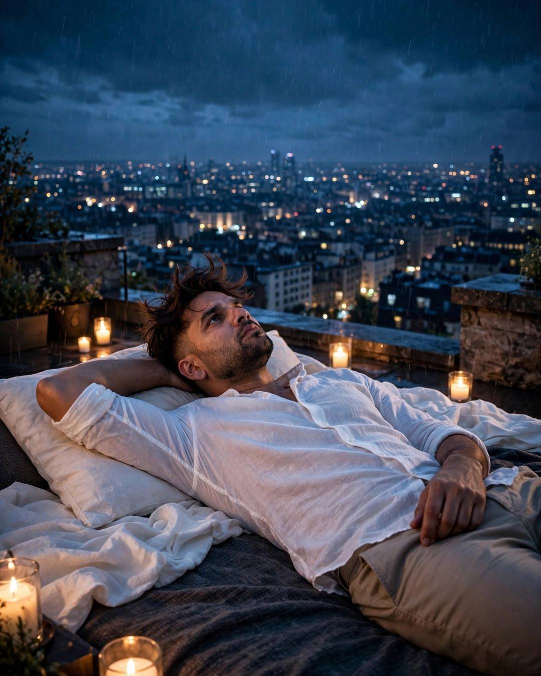 A man in a white linen shirt lying on a bed staring at the ceiling in a dark room