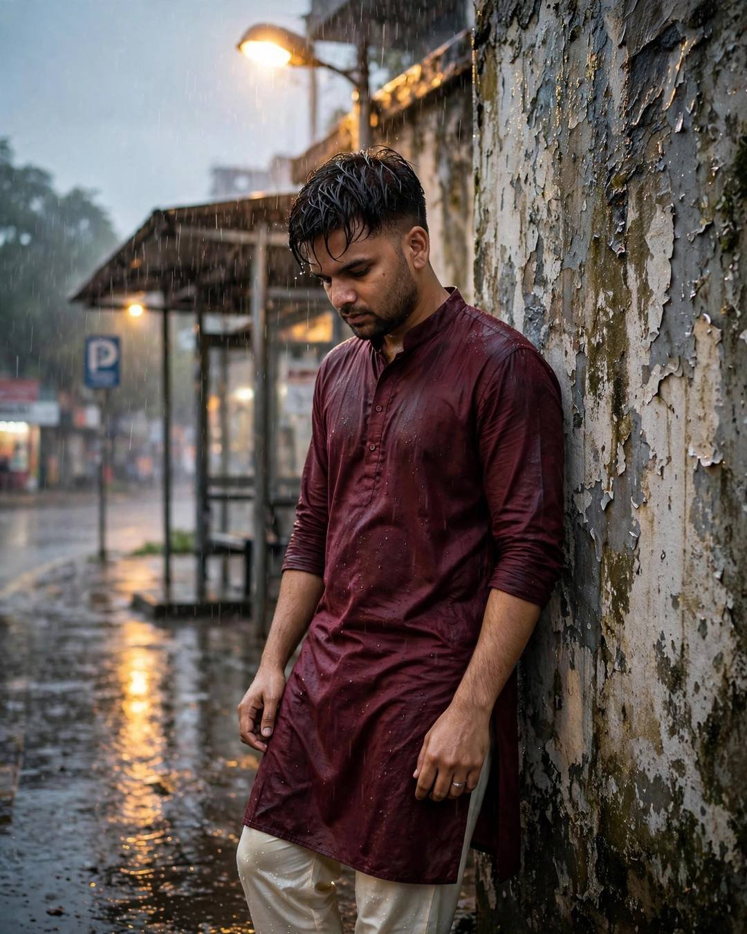 A man in a maroon kurta leaning against a weathered wall in the rain, head bowed