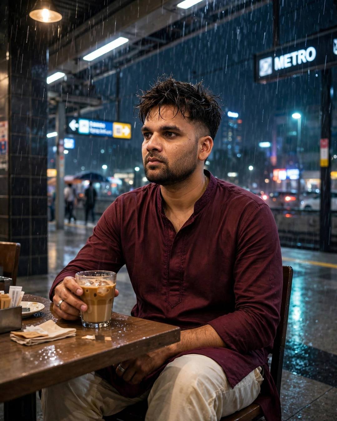 A man in a maroon kurta sitting at a midnight cafe table cradling a cold coffee